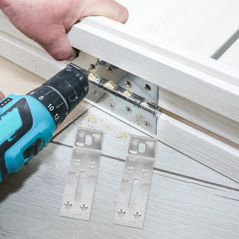 Drilling into wood with Six Pack Stainless Steel L Shaped Shelf Brackets with Slotted Holes, adjustable for DIY projects.