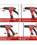 Step-by-step use of 8 Inch Rivet Nut Tool Kit With 9 Metric And SAE Mandrels, 90 Rivnuts, One Hand Operation Built For Tight Spots