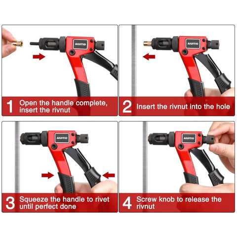 Step-by-step use of 8 Inch Rivet Nut Tool Kit With 9 Metric And SAE Mandrels, 90 Rivnuts, One Hand Operation Built For Tight Spots