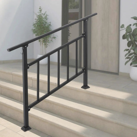 Heavy Duty 4 Step Stair Rail With Integrated Safety Fence And Rock Solid Steel Handrail For Outdoor Indoor Stairs Built Tough Against Rust Formation With Wide Base Mounting Plate For Easy Weekend Install, mounted on outdoor stairs.