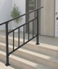 Heavy Duty 4 Step Stair Railing With Integrated Side Fence And Hella Sturdy Steel Outdoor Handrail Featuring Easy Install For Porch Deck Safety In Black on steps with a modern design.