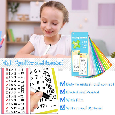 Child using 1-12 Multiplication Flash Cards Set With 15 Cards, Dry Erase Markers, Ring Binder, Times Table Chart, Educational Math Game