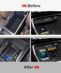 Before and after installation of Two Pack Center Console Organizer Tray And Armrest Storage Box For Honda CRV 2023 2024 2025 2026 EX L