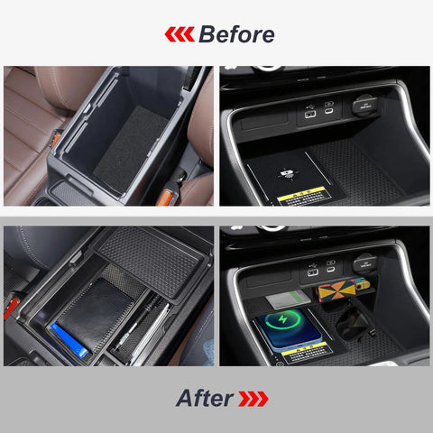 Before and after installation of Two Pack Center Console Organizer Tray And Armrest Storage Box For Honda CRV 2023 2024 2025 2026 EX L