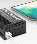 Rock Solid 400W Car Power Inverter 12V To 110V AC Converter with dual outlets and USB ports charging a smartphone.