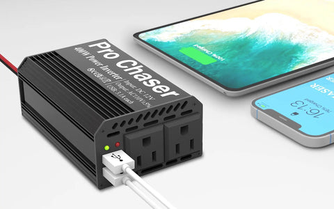 Rock Solid 400W Car Power Inverter 12V To 110V AC Converter with dual outlets and USB ports charging a smartphone.