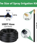 Diagram of 100Ft Drip Irrigation System With One Quarter Inch Hose And 360 Degree Adjustable Copper Nozzles dimensions and parts.