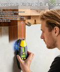 Person using 3-in-1 Magnetic Stud Finder with Laser against a wall, demonstrating its functionality and accuracy.