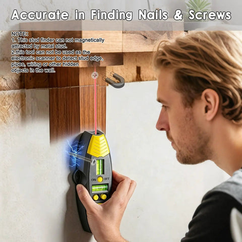 Person using 3-in-1 Magnetic Stud Finder with Laser against a wall, demonstrating its functionality and accuracy.