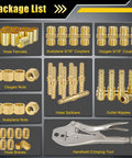 Package list of All-In-One Welding Hose Repair Kit With 49 Brass Fittings And Crimper Quick-Connect Barbed Assembly for hoses