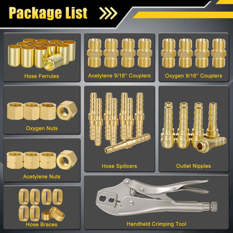 Package list of All-In-One Welding Hose Repair Kit With 49 Brass Fittings And Crimper Quick-Connect Barbed Assembly for hoses