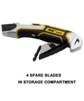 Auto Retractable Safety Utility Knife With Quick Blade Change Box Cutter And 4 Spare Blades Stored In Handle, side view