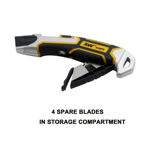 Auto Retractable Safety Utility Knife With Quick Blade Change Box Cutter And 4 Spare Blades Stored In Handle, side view
