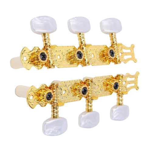 Classical Guitar Tuning Pegs Set With 1:15 Gear Ratio White Button Machine Heads For Acoustic Guitars, Heavy Duty Metal Tuning Keys, Left And Right Replacement Parts, Smooth, Durable Tuning You Can Trust. 2-pack gold metal machine heads with white buttons