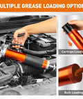 Grease gun kit, orange and black, 8000 PSI, with hoses and accessories for vehicle, farm and workshop