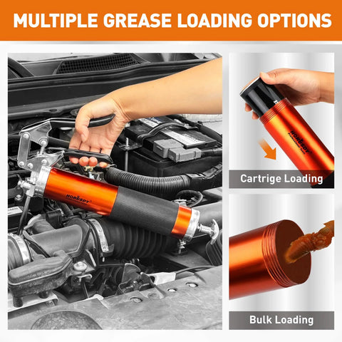 Grease gun kit, orange and black, 8000 PSI, with hoses and accessories for vehicle, farm and workshop