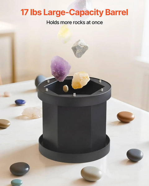 Rock Tumbler Kit For Home Hobbyists, Sweet 17 Lb Capacity, 2 Speed Polisher With 240 Hour Polishing Timer, open barrel with stones
