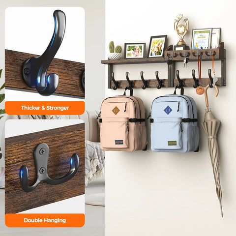 29 Inch Wall Mounted Coat Rack With Shelf And 11 Metal Hooks 4 In 1 Entryway Organizer For Coats Keys Bags Hats Mail Rustic Brown