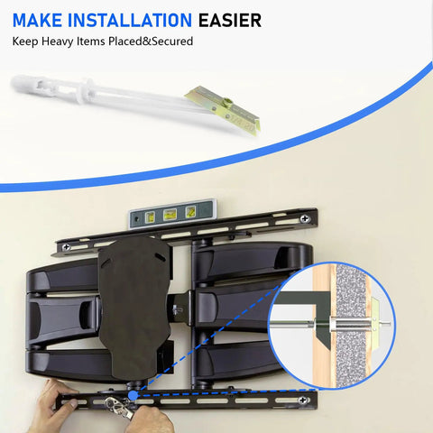 Heavy Duty Drywall Anchors With Steel Bolt Kit For TV Mounting, installation setup on wall with level and anchor details.