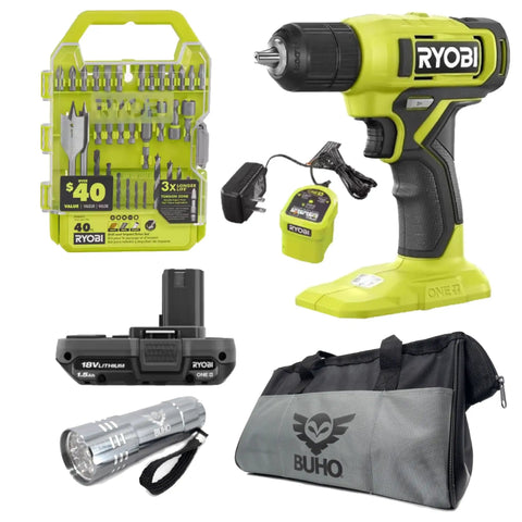 Cordless Drill Bundle With 18V Drill Driver 1.5Ah Lithium Battery 18 Volt Charger 40 Piece Multipurpose Drill Bits And Buho 16 Inch Tool Bag With Outside Pockets For Easy Storage And Quick Worksite Setup