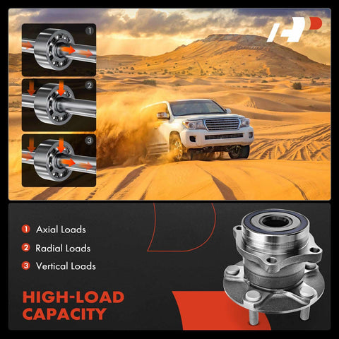 Two Rear Wheel Bearing And Hub Assemblies For Subaru Outback 2015 Through 2021 Forester 2019 Legacy 2015 Through 2021 Ascent 2019 Through 2021 WRX 2015 Through 2019 And WRX STI 2016 Through 2019 5 Lug Compatible Heavy Duty Hub Replacement showcasing load capacity diagram and desert vehicle action