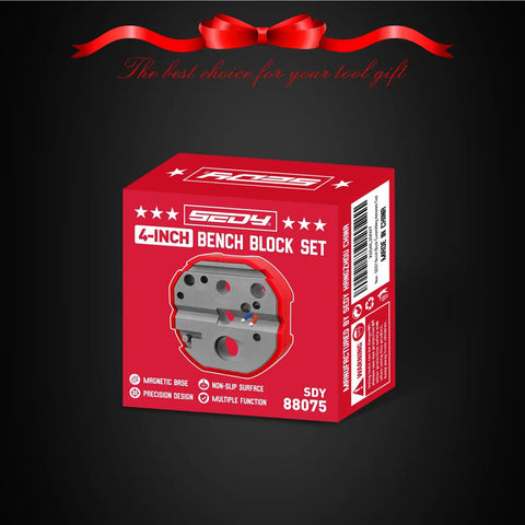 Universal Magnetic Armorers Bench Block With Non Marring Surface, 4-inch, shown in a red package with product details.