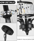 Modern Black Crystal Chandelier With 5 Lights, close-up of crystal accents and matte black frame, suitable for living room or dining area.