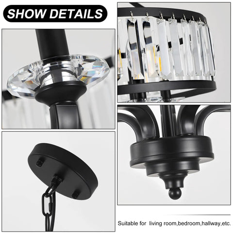 Modern Black Crystal Chandelier With 5 Lights, close-up of crystal accents and matte black frame, suitable for living room or dining area.