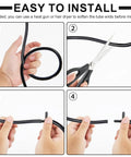 Automotive vacuum hose with black barbed connectors; four-panel installation guide showing coiling, cutting, inserting, and connecting.