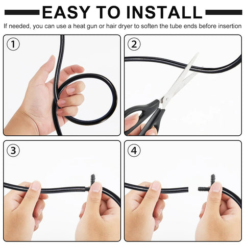 Automotive vacuum hose with black barbed connectors; four-panel installation guide showing coiling, cutting, inserting, and connecting.