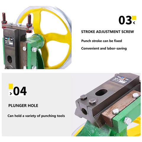 Heavy Duty Manual Hand Wheel Press 1.2 Ton Capacity Precision Cast Iron Flatbed Bench Arbor Machine with stroke adjustment screw.