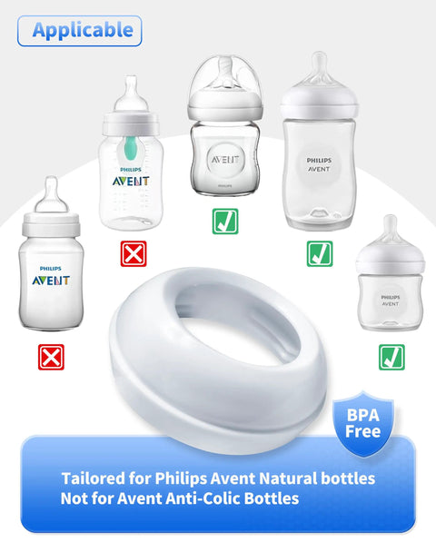 Smooth Swap Replacement Baby Bottle Nipple Ring Collars For Philips Avent Natural And Glass Bottles, showing compatibility with various bottles.