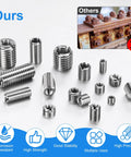 Set of stainless steel thread reducer sleeves; M10x1.5 male to M8x1.25 female, assorted sizes.