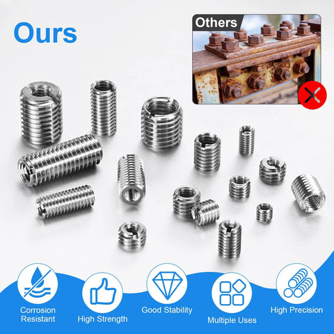 Set of stainless steel thread reducer sleeves; M10x1.5 male to M8x1.25 female, assorted sizes.