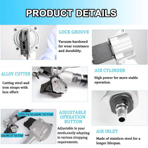 Detailed view of Heavy Duty Pneumatic Steel Strapping Machine For Metal Banding 2 In 1 Tensioner And Cutter Sealer features.