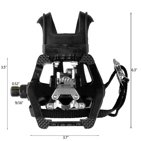 Dual Function SPD Bike Pedals With Toe Clip Straps Cage For 9/16 Inch Axle, Clipless On One Side And Platform On The Other, front view