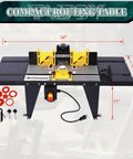 Heavy Duty Aluminum Benchtop Router Table With Expandable Work Surface And Sleek Adjustable Fence Rock Solid Woodworking Rig For No Fuss Diy Carpenter Setup Black, showing the full structure with adjustable components.