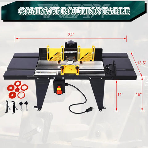 Heavy Duty Aluminum Benchtop Router Table With Expandable Work Surface And Sleek Adjustable Fence Rock Solid Woodworking Rig For No Fuss Diy Carpenter Setup Black, showing the full structure with adjustable components.