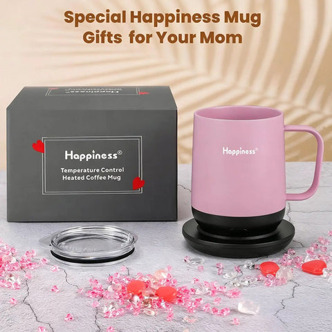 Smart Electric Heated Coffee Mug With Precision Temperature Setting And Rechargeable Coaster To Keep Your Daily Brew Piping Hot And Sipping Smooth On The Go 12 Oz Spill Resistant Travel Mug with pink cup and black coaster.