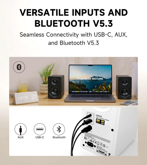 M60 Desktop Bluetooth Speaker System that cranks out 66W RMS, shown with USB-C and AUX inputs, Hi-Fi audio setup.