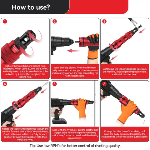 Instructions for using Cordless Rivet Gun Adapter Kit for Drills with 6 Interchangeable Heads and 30 Blind Rivets