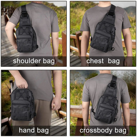 Person wearing Rugged Waterproof Tactical Backpack With MOLLE Sling Cross Body Chest Bag For Outdoor Use in four styles: shoulder, chest, hand, and crossbody.