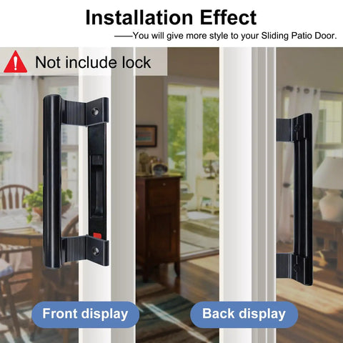 Aluminum Sliding Door Handle For Glass Patio Doors, 8 Inch Pull Fits Six And Five Eighths Inch Mounting Holes, Black Finish, front and back view