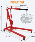2 Ton Folding Hydraulic Engine Hoist With 6 Wheel Cherry Picker For Garage And Workshop Portable Shop Crane Lift Heavy Duty Steel Construction Easy Fold Lifting Up To 4400 Lbs, side view showing dimensions and lifting arm.