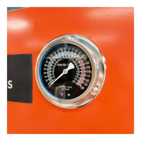 Pressure gauge showing capacity on Heavy Duty 75 Ton Hydraulic Shop Press With Air Assist And Dual Pistons.