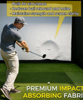 Golfer using Indoor Golf Simulator Enclosure Kit 10 X 8 Ft with 4K ready dual layer projection screen and safety netting.