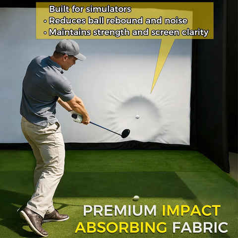Golfer using Indoor Golf Simulator Enclosure Kit 10 X 8 Ft with 4K ready dual layer projection screen and safety netting.