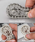 Two Pack Bicycle Chain Gear Fidget Spinner For Stress Relief And Focus Desk Toy For Kids And Adults Portable Office Or Travel Spinner Durable Metal Chain Gear With Smooth Stainless Bearings For EDC in hand showing flexibility and portability.