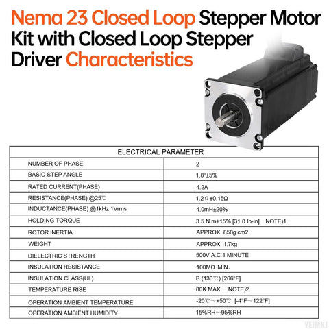 Front view of YEJMKJ Nema 23 closed-loop stepper motor kit with driver; 1.8°, 2-phase, 3.5 Nm torque
