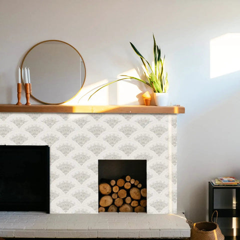 Fireplace area with Boho Peel And Stick Wallpaper For Cabinets And Walls Modern Geometric Beige Self Adhesive Contact Paper.